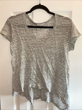Wilt Gray & White Striped V-Neck Short Sleeve Tee 100% Linen XS High Low Hem